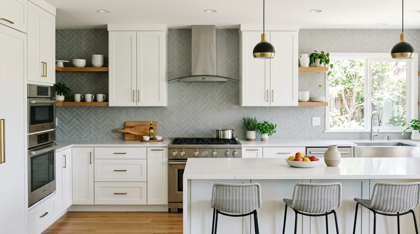 Use a warm neutral palette for a timeless result inspiration for a kitchen backsplash zone.